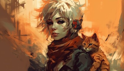 Portrait of warrior man or warrior woman living in the future with cat on battlefield. Generative Ai