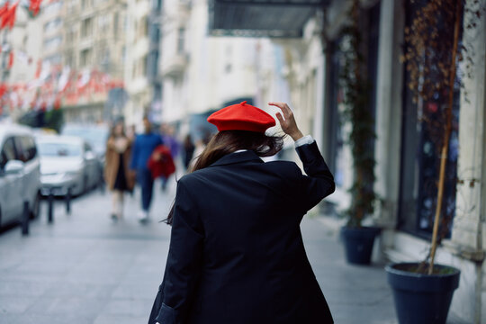 Woman Happiness View From The Back, Follow Me Walks Walks In The City Against The Backdrop Of Office Buildings, Stylish Fashionable Vintage Clothes And Makeup, Spring Walk, Travel.