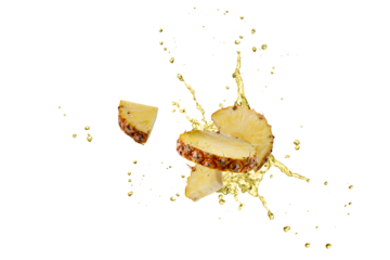 Sliced fruit ananas pineapple with splashing drink juice flying isolated on white background.