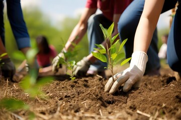 Group of people planting trees in the garden. Earth day concept. Generative AI