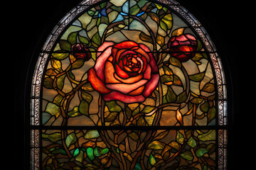 Stained glass window depicting a stunning rose design, with delicate petals and intricate details, generative ai
