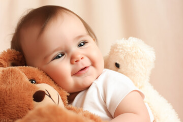 Happy little baby with a teddy bear. Generative AI