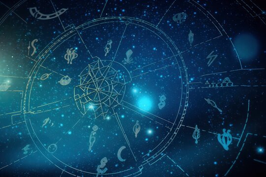 Astronomical horoscope background with zodiac signs. Generative AI