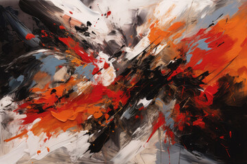 striking abstract image featuring bold black brushstrokes on a white background, with splashes of vibrant red and orange adding contrast, generative ai