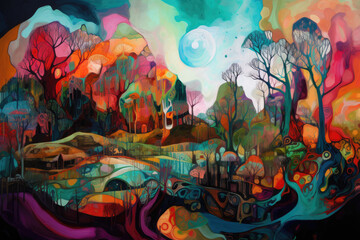 surrealistic landscape of imaginary forms and scribbles, bursting with vibrant colors and bold lines, generative ai