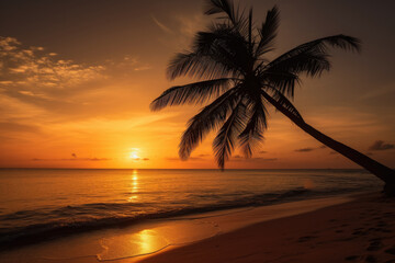 Sunset silhouette of a lone palm tree on a tropical beach with soft sand and gentle waves, generative ai