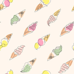 Seamless summer pattern. One line drawn ice cream on a light background. Doodle vector illustration with summer food