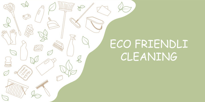 eco friendly cleaning background. White contours of washing elements on a green background. Template for advertising cleaning services