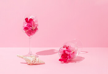 Glasses full of flower petals and seashell on bright pastel pink background. Summer romantic ceremony decoration.
