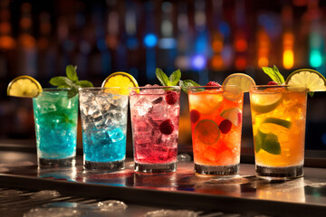 Alcohol cocktails in different collors on the bar. High quality photo Generative AI