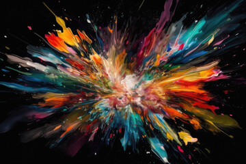 Vibrant abstract shapes painted in colorful strokes on a black background, resembling a beautiful explosion of creativity, generative ai