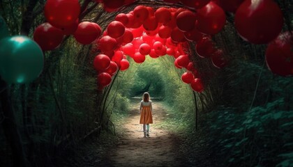 A girl or woman in a red dress is walking through a forest decorated with red balloons. Generative Ai