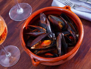Exquisite delicacy of mussels a la Marinera, a popular traditional dish of Spanish cuisine