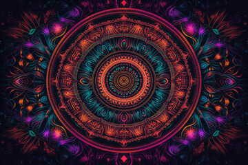 vibrant and surreal psychedelic mandala with intricate patterns and a hypnotic blend of neon colors, generative ai