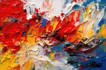 Vibrant brushstrokes of red, blue, and yellow on a white canvas, with textured layers adding depth and dimension, generative ai
