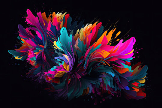 vibrant explosion of overlapping organic shapes in neon colors against a black background, generative ai
