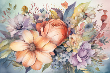 Vibrant watercolor floral bouquet with soft pastel tones and delicate petals blooming in full view, generative ai