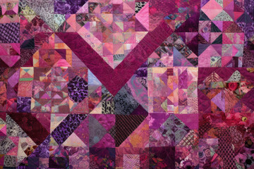 Vibrant patchwork quilt in shades of pink and purple with intricate geometric patterns, generative ai