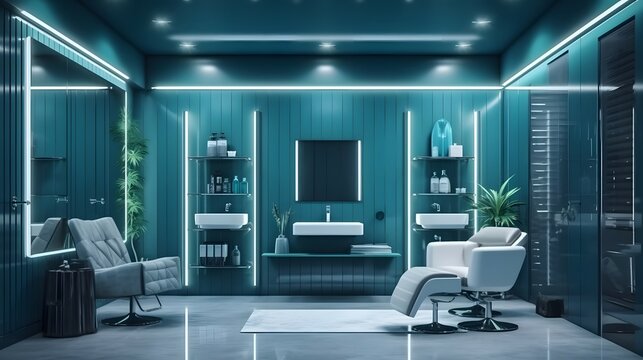 Modern and elegant interior design of professional beauty salon and spa with luxury styling chair, facial and hair treatment machine, cosmetic products shelf and reeded glass partition with sofa, Brig