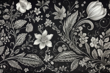 Vintage chalkboard texture with intricate white floral patterns and subtle shading, generative ai