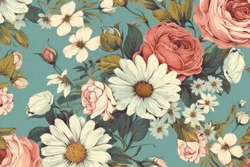 Behang Vintage floral pattern with faded roses and daisies on a light blue background, generative ai © aicandy