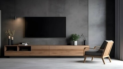 Wall mounted tv and wooden cabinet with gray armchair in modern living room the concrete wall, Bright color, ultra realistic - obrazy, fototapety, plakaty