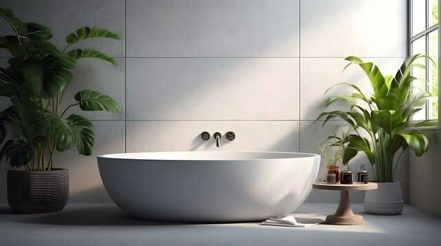 White round side table, bathtub, counter and tropical plant in modern and luxury bathroom with sunlight and leaf shadow on granite tile wall for personal care and toiletries product display, Bright co