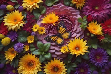 Fototapeta na wymiar Butterfly on a flower bouquet with dahlias and daisies. generative ai