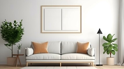 Obraz na płótnie Canvas Blank picture frame mockup on white wall. Modern living room design. View of scandinavian style interior with sofa. Two horizontal templates for artwork, painting, photo or poster, Bright color, ultra