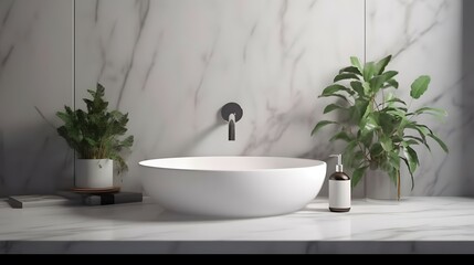 Obraz na płótnie Canvas White marble vanity counter top and wall tiles with ceramic wash basin, modern minimal style faucet in bathroom in morning sunlight with house plant shadow. 3D render for product display background, B
