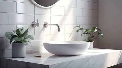 Naklejka na ściany i meble White marble vanity counter top and wall tiles with ceramic wash basin, modern minimal style faucet in bathroom in morning sunlight with house plant shadow. 3D render for product display background, B