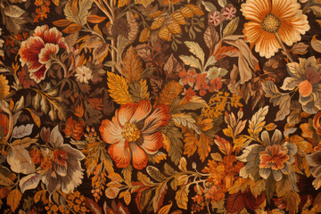 Vintage tapestry texture in warm tones of brown and orange, showcasing traditional floral and leaf designs, generative ai