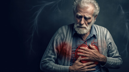 Fototapeta premium An elderly man with a heart condition. Heart Disease Prevention Concept created with generative AI technology