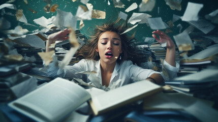 Amazed young woman impressed by book read created with generative AI technology