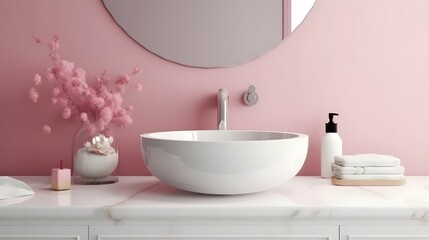 Fototapeta na wymiar Realistic 3D render close up elegant bathroom vanity countertop with white ceramic wash basin and faucet, pom pom flowers. Morning sunlight, Blank space for beauty product display, pink wall tiles, Br
