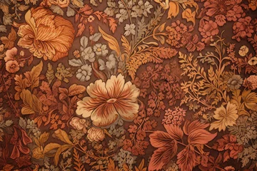 Foto op Plexiglas anti-reflex Vintage tapestry texture in warm tones of brown and orange, showcasing traditional floral and leaf designs, generative ai © aicandy