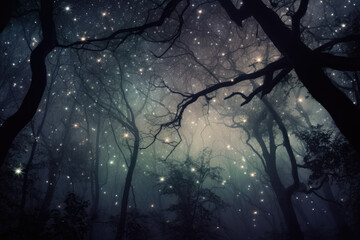 Wallpaper of Twinkling Stars in a Mystical Forest, generative ai