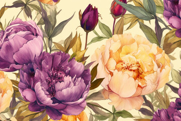 Watercolor floral pattern with vibrant pink and purple peonies on a light yellow background, generative ai
