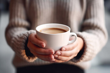 Closeup of hands holding large cup of hot coffee, cozy atmosphere. Generative IA.