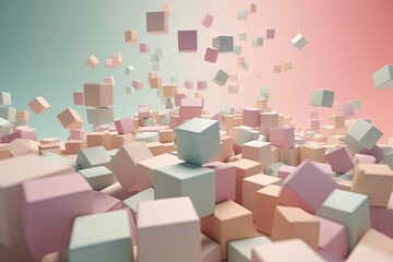 Whimsical 3D cubes in pastel colors floating on a soft pink background, generative ai