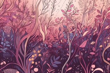 Whimsical and dreamy hand-drawn lines forming a mystical and enchanting pattern in shades of purple and pink, generative ai