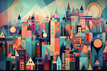 whimsical cubist interpretation of a city skyline, with colorful shapes and angles creating a playful and lively wallpaper design, generative ai