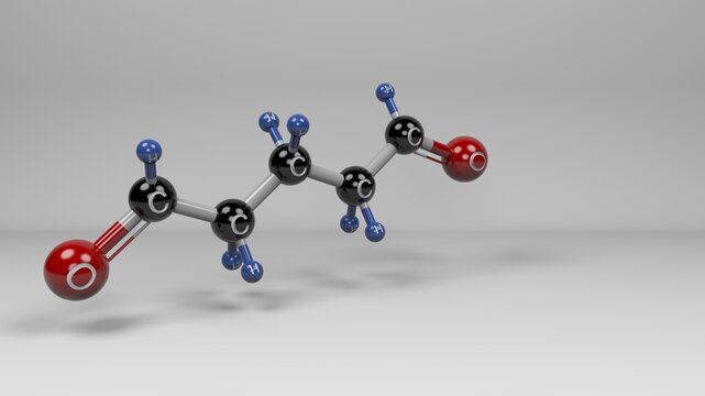 Glutaraldehyde Molecule. Molecular structure of glutaraldehyde, a versatile compound used in sterilizing medical equipment, tanning leather, cross-linking polymers, and biochemical procedures.
