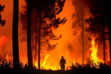 Fototapeta premium Red and orange burning forest wildfire, black trees and lone firefighter person silhouette visible against heat glow. Generative AI