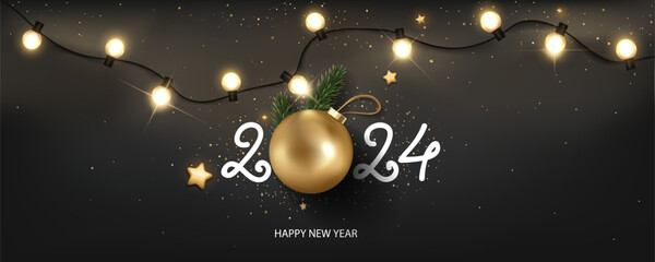 Happy New Year 2024 background with Christmas light and decoration. Celebration background design.