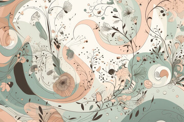 Whimsical wallpaper with playful sinuous curves in pastel colors and cute illustrations, generative ai