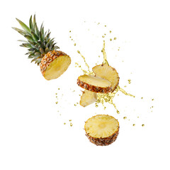 Sliced fruit ananas pineapple with splashing drink juice flying isolated on white background.