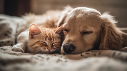 Cat and dog sleeping together. Kitten and puppy taking nap. Home pets. Animal care. Love and friendship. Created with Generative AI technology.