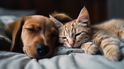 Cat and dog sleeping together. Kitten and puppy taking nap. Home pets. Animal care. Love and friendship. Created with Generative AI technology.