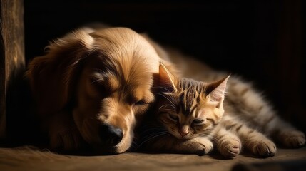 Cat and dog sleeping together. Kitten and puppy taking nap. Home pets. Animal care. Love and friendship. Created with Generative AI technology.